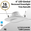LED Gimbal Recessed Downlight Trim Retrofit 6" 16W 5CCT 1200Lm
