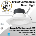 LED Commercial Downlight 8" 17/24/30W 2790lm 100-277V 27/30/35/40/50K