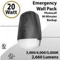 Emergency Wall Pack 20W - Photocell - 90M Backup Light 2660Lm 3/4/5K