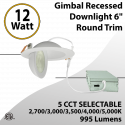 LED Gimbal Recessed Downlight 6" 12W 2700K to 5000K Triac Dimmable
