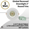 LED Gimbal Recessed Downlight 2" 5W Round Trim 27K to 50k Triac Dimmable
