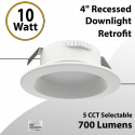 Recessed Downlight Retrofit 4" 10W 700Lm 120VAC CCT Selectable