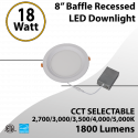 Recessed Downlight Round 8" Baffled 18W 1800Lm 100-277V 5CCT 0-10VDC Dimmable