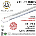 15W 2 Ft. LED T8 Aluminum Tube Light 5000K Frosted Lens1950 Lumens Plug & Play or Line Wiring (Hybrid)