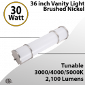 36" Nickel LED Vanity Bathroom Light: 30/40/5000K, 30W, 2100 Lumens