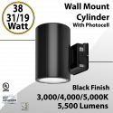 LED Wall Mount Cylinder Light 19/31/38W 3CCT 5500Lm Photocell Black Finish