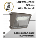 LED Wall Pack PC Lens 63/90/108W 3000K/4000K/5000K w/Photocell
