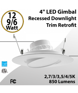 LED Gimbal Recessed Downlight Trim Retrofit 4" 12/9/6W 5CCT 850Lm