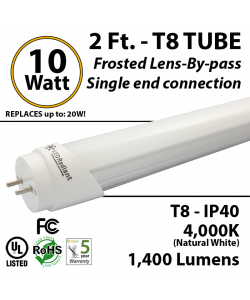 10W 2ft LED Tube 1400Lm T8 4000K Frosted IP40 UL By-pass BINS