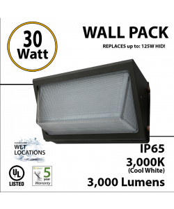 30W LED Wall Pack Fixture: 3000Lm 5500K IP65 UL