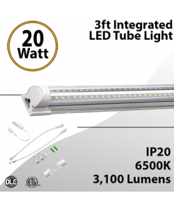 Integrated Industrial LED tube Light 3Ft 20W Clear Lens 3100Lm 6500K
