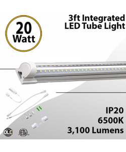 Integrated Industrial LED tube Light 3Ft 20W Clear Lens 3100Lm 6500K 