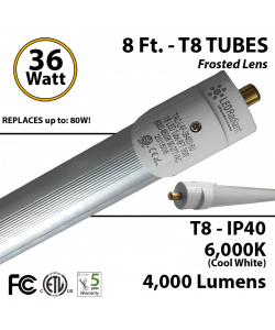 T8 LED Tube 8 Ft light 36 Watt 4000Lm 6000K IP40 Frosted Lens