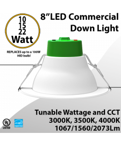 LED Downlight 8 inch 10W//15W/22W 1067/1560/2073Lm 30K/35K/40K 0-10V Dimmable
