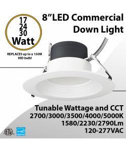 LED commercial down light 8inch 17/24/30W 2790lm 100-277V 27/30/35/40/50K Dimmable