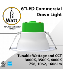LED Downlight 6 inch 7W//10W/18W 756/1062/1606Lm 30K/35K/40K 0-10V Dimmable