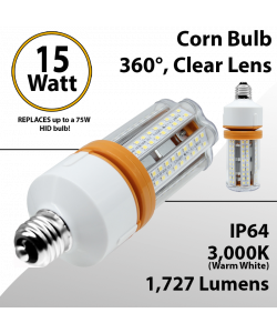 LED Corn Bulb 15 Watt 1727 Lm 3000K E26 IP64 ETL DLC