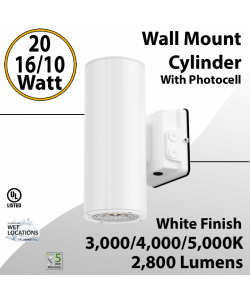 LED Wall Mount Cylinder Light 10/16/20W 3CCT 2800Lm Photocell White Finish