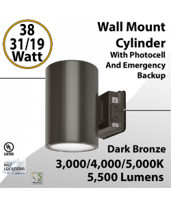 LED Wall Mount Cylinder Light 38/31/19W 3CCT 5500Lm Photocell Emergency