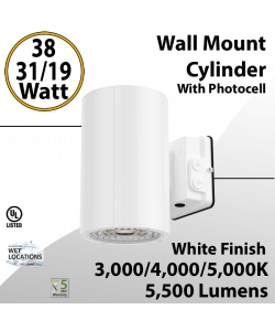 LED Wall Mount Cylinder Light 19/31/38W 3CCT 5500Lm Photocell White Finish 