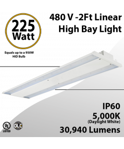 480V LED High Bay Light: 225W, 30,940 Lumens, 5000K, UL DLC Certified