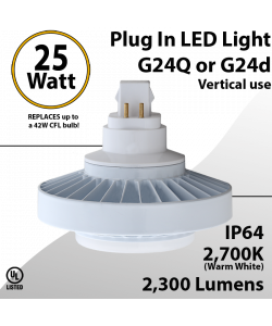 Plug In LED light G24Q or G24D 25W 2300Lm 2700K IP64 UL. Direct Line (Remove Ballast)