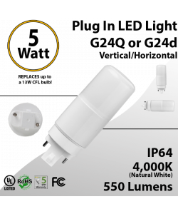 Plug In LED light G24Q or G24D 5W 550Lm 4000K IP64 UL. Direct Line (Remove Ballast)