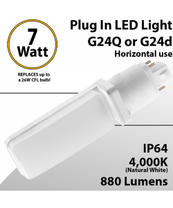 Plug In LED light G24Q or G24D 7W 880Lm 4000K IP64 UL. Direct Line (Remove Ballast)