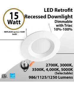 Recessed downlight retrofit 6" 15W 1250Lm 100-277V Tunable Watt and CCT