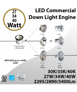 LED Down light Engine 27W/34W/40W 3400Lm 30K/35K/4000K 0-10 Dimmable