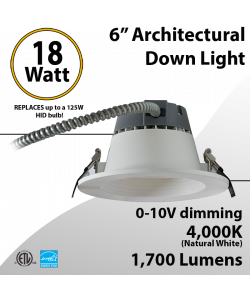 LED Downlight Architectural Trim 6inch 18W 1700Lm Dimmable 4000K 