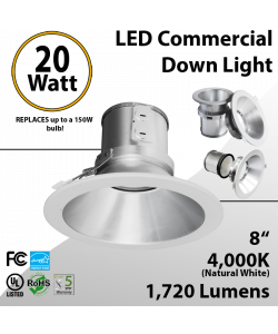 LED commercial downlight 20W 8 inches 1720lm Energy Star dimmable