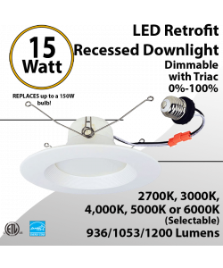 Recessed downlight retrofit 6" 15W 1200Lm 100-277V CCT selectable 