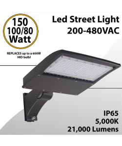 LED Street Light Fixture 150/100/80W 200-480VAC 21000Lm 5000K