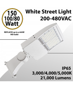 LED Street Light Fixture White 150/100/80W 200-480VAC 21000Lm 3 CCT