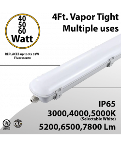 LED Vapor Tight Fixture 40 50 60W Plastic 7800 Lm 3000 4000 5000K IP65 UL