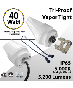 LED Vapor Tight Fixture 40W Plastic 5200 Lumens 5000K Frosted Lens IP65