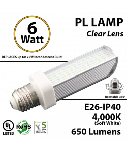 6W PL LED Bulb lamp, 650Lm, 4000K, E26, IP40, UL. (Rotatable 350 Degrees).  Direct Line (Remove Ballast)