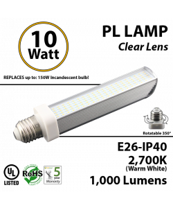 10W PL LED Bulb lamp 1000Lm 2700K Edison IP40 UL. Direct Line (Remove Ballast)