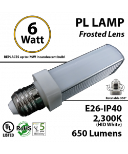 6W PL LED Bulb lamp 2300K E26 UL.Frosted.  Direct Line (Remove Ballast)