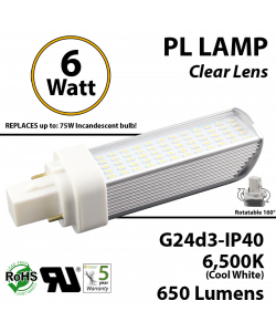6W PL LED Bulb lamp 650Lm 6500K G24-d3 IP40 UL. Direct Line (Remove Ballast)
