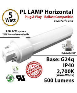 5W PL LED Lamp 500Lm 2700K Frosted Lens G24q IP40 UL. Ballast compatible.