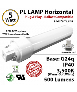5W PL LED Lamp 500Lm 3500K Frosted Lens G24q IP40 UL. Ballast compatible