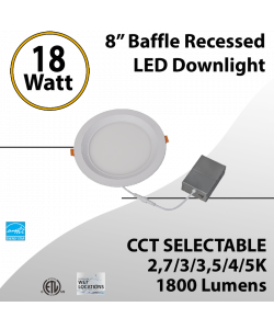 Recessed Downlight Round 8" Baffled 18W 1800Lm 100-277V 5CCT