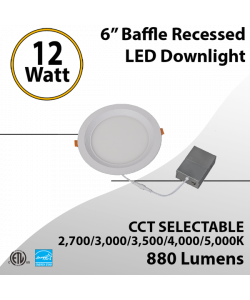 Baffle Downlight 6" 12W CCT Selectable