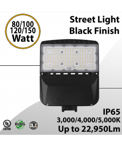 Street Light Black Finish 80 to 150W - CCT 3/4/5000K Up to 22,950Lm