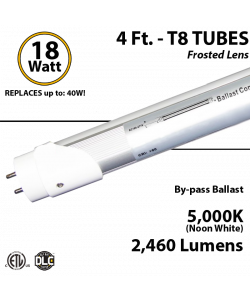 LED T8 Bulb Tube light 4Ft 18W 5000K Frosted Lens By-Pass Ballast