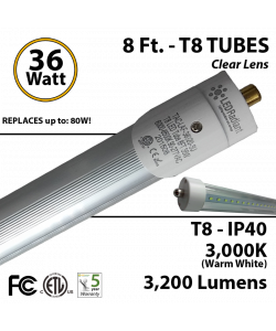 8Ft LED Tubes 36W T8 3200 Lm 3000K Clear IP40 Fluorescent replacement