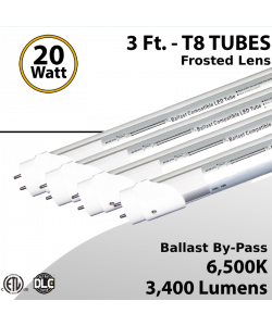 LED T8 Tube Light 3Ft 6500K Frosted Lens Ballast By-Pass