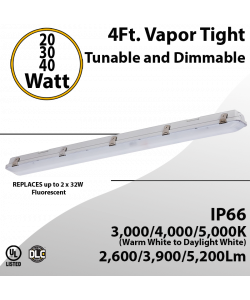 LED Vapor Tight Fixture 20/30/40W 5200Lm 3000 4000 5000K Dimmable 